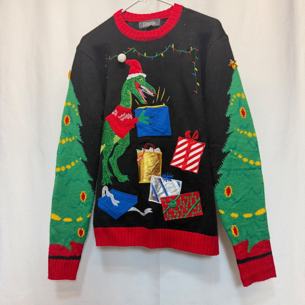 Ugly Christmas Sweater Mens 33 Degrees Small Black Dinosaur T-Rex Holiday Gift
